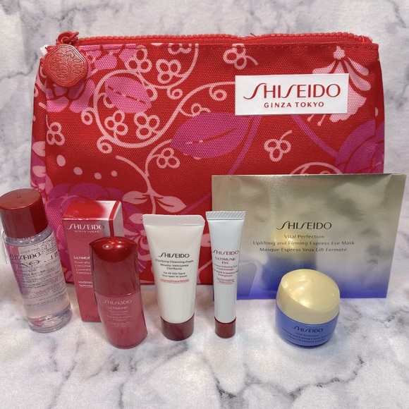 Shiseido Red Floral Bag Beauty Gift Set - 6pc, Cleansing, Serum, Firming, Eye - Picture 2 of 15